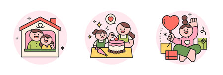 family month. People who appreciate their parents and love their children. Sweet home, mother and child cake making, event gifts.のイラスト素材