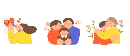 family month. People who appreciate their parents and love their children. Thank you letter, happy family of three, hugs.のイラスト素材