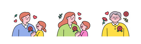 family month. People who appreciate their parents and love their children. Children putting carnation badges on their parents. Grandpa wearing a carnation badge.のイラスト素材