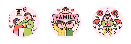 family month. People who appreciate their parents and love their children. Child giving gift to mom, parents holding family placard, carnation and congratulation icon.のイラスト素材