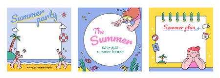 People enjoying summer. Summer vacation, beach resort advertising banner template.のイラスト素材