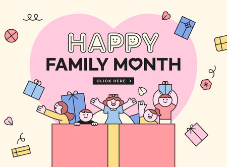 Family month event. Children and presents pop out of a large gift box. banner template.のイラスト素材