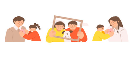 family month. People who appreciate their parents and love their children. Children putting carnation badges on mom and dad. A family in a photo frame.のイラスト素材