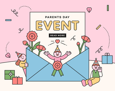 family month. Parents' Day event. Cute children jump out of envelopes. banner template.のイラスト素材