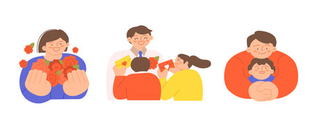 family month. People who appreciate their parents and love their children. A mother holding flowers, a father receiving a letter of thanks, a father hugging his child.のイラスト素材