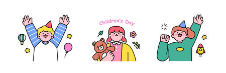 family month. People who appreciate their parents and love their children. Children receiving presents at a Children's Day party.のイラスト素材