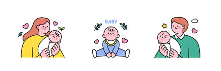 family month. People who appreciate their parents and love their children. Mother holding a baby, father holding a baby, cute baby characters.のイラスト素材