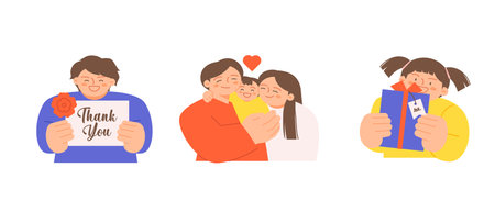 family month. People who appreciate their parents and love their children. Thank you cards and flowers, children and father and mother, gifts.のイラスト素材