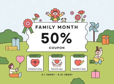 Family month event. Coupons,gifts,flowers and children on park background. banner template.のイラスト素材