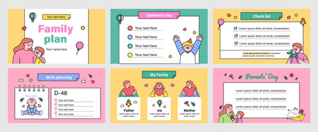 family month. People who appreciate their parents and love their children. webpage Brochure, leaflet template set.のイラスト素材