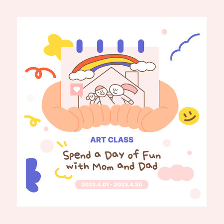 family month. Two hands holding a picture drawn by a child. Event web banner.のイラスト素材