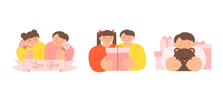 family month. Children's day. Children holding flowers. Children holding gifts. gift and boy.のイラスト素材