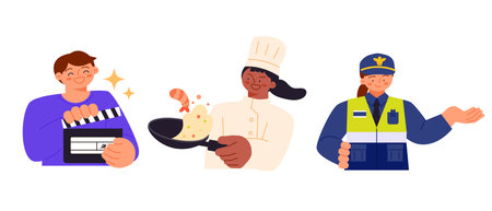 Labor Day. people who are working. A character in a uniform. Film staff, cooks, cops.のイラスト素材