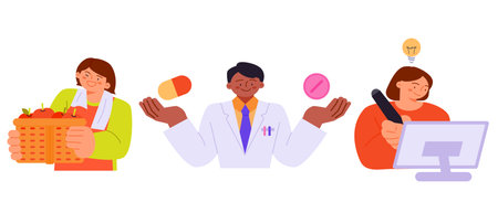 Labor Day. people who are working. A character in a uniform. A farmer with a basket, a pharmacist and a designer drawing with a tablet.のイラスト素材