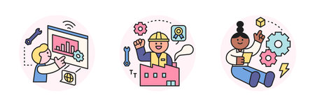 Labor Day. people who are working. Office workers analyzing data, factory workers and characters turning gears.のイラスト素材