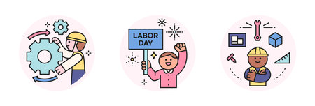 Labor Day. people who are working. A cute character turning a big gear and demanding workers' rights. Workers thinking about work tools.のイラスト素材