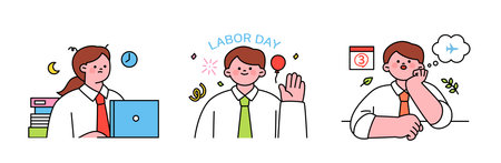 Labor Day. people who are working. Tired office worker working overtime, business man planning vacation.のイラスト素材