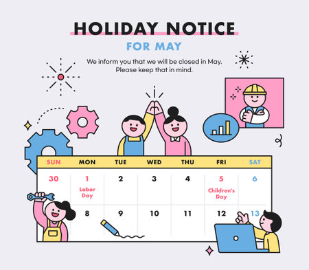 Labor Day. holiday calendar. Cute worker characters. Poster, webpage template. people who are working.のイラスト素材