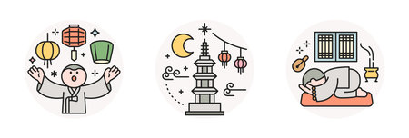 Buddha's Birthday. Lotus Lantern Festival, stone pagoda, and a monk bowing.のイラスト素材