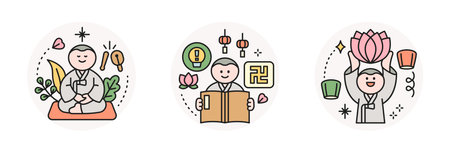 Buddha's Birthday. Monk meditating, reading sutras and holding a lotus flower.のイラスト素材