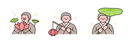Buddha's Birthday. Little monk, lotus flower, lantern, lotus leaf.のイラスト素材