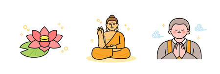 Buddha's Birthday. Lotus flower, Buddha statue and praying monk.のイラスト素材