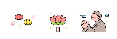 Buddha's Birthday. Lotus Lantern Festival, lotus lanterns, praying monk.のイラスト素材
