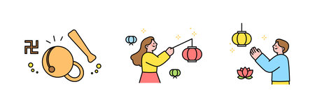 Buddha's Birthday. Percussion for Buddhist prayers. People holding lotus lanterns and praying.のイラスト素材