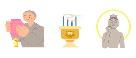 Buddha's Birthday. Monk lighting a lantern, Buddhist incense, Maitreya Bodhisattva.のイラスト素材