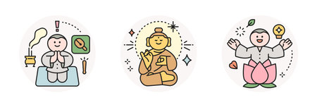 Buddha's Birthday. Praying monk, golden Buddha statue, lotus flower and monk.のイラスト素材