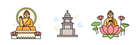 Buddha's Birthday. Buddha statue, stone pagoda, Buddha on lotus flower.のイラスト素材