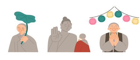 Buddha's Birthday. A monk holding a lotus leaf, a monk looking at a Buddha statue, and a lotus lantern festival.のイラスト素材