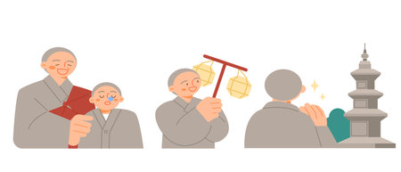 Buddha's Birthday. A young monk sleeping, a monk lighting a lantern, a monk praying while looking at a stone pagoda.のイラスト素材