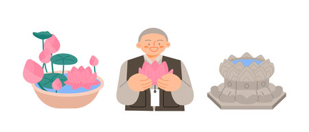 Buddha's Birthday. A lotus flower pot, a monk holding a lotus flower,のイラスト素材