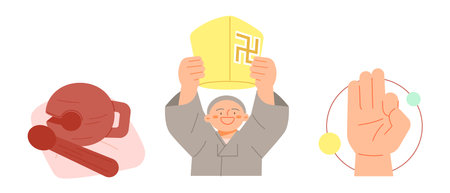 Buddha's Birthday. Buddhist wood block percussion, monk blowing lanterns, Buddha's hand.のイラスト素材