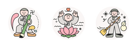Buddha's Birthday. Monks writing calligraphy, sitting on lotus flowers, and cleaning the yard.のイラスト素材
