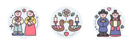 wedding. Korean traditional bride and groom. Cultural symbol of tradition.のイラスト素材