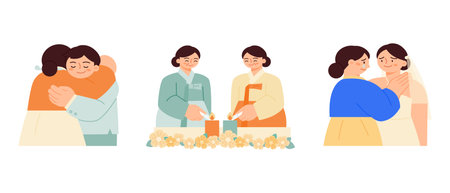 wedding. Korean marriage culture. Mothers wearing hanbok are lighting candles together and hugging the bride and groom.のイラスト素材