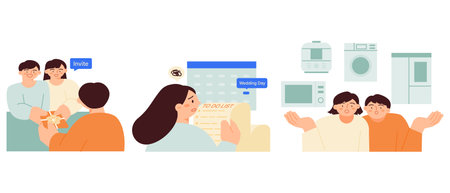 wedding. things to do before marriage Choosing appliances, sending invitations, setting a wedding date.のイラスト素材