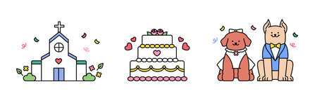 wedding. Church, wedding cake and dogs in wedding dresses.のイラスト素材