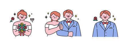 Wedding day. A bride with a bouquet. Newlyweds with arms crossed. groom and corsage.のイラスト素材
