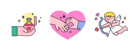 Wedding day. A hand holding a wedding ring. A hand putting on a wedding ring. Cupid with an arrow.のイラスト素材
