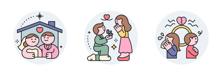 Wedding day. Newlyweds' house, proposal, breakup.のイラスト素材
