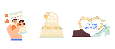 Wedding day. Photo card, wedding cake, wedding shoes and flowers.のイラスト素材