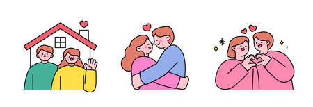 Wedding day. newlyweds' house. A couple hugging each other. A couple holding hands.のイラスト素材