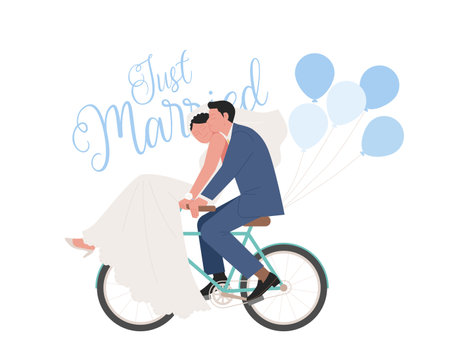 wedding day. A couple in a wedding dress is riding a bicycle romantically.のイラスト素材
