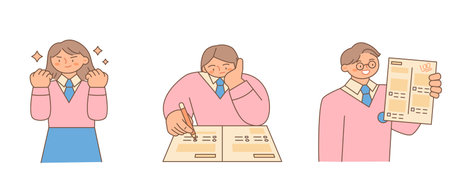 Education. Students studying hard and taking exams. A cheering pose. Students solving exam questions. A smart student holding an exam paper.のイラスト素材