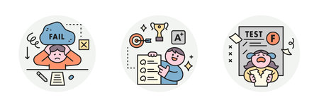 Education. Students studying hard and taking exams. Fail, F grade, A+ grade.のイラスト素材