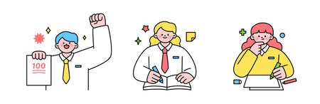 Education. Students studying hard and taking exams. Students who scored 100 points.のイラスト素材