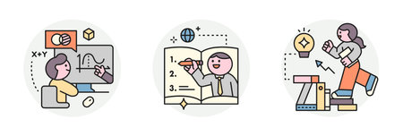 Education. Students studying hard and taking exams. Online lectures, teachers lecturing, students climbing book stairs.のイラスト素材